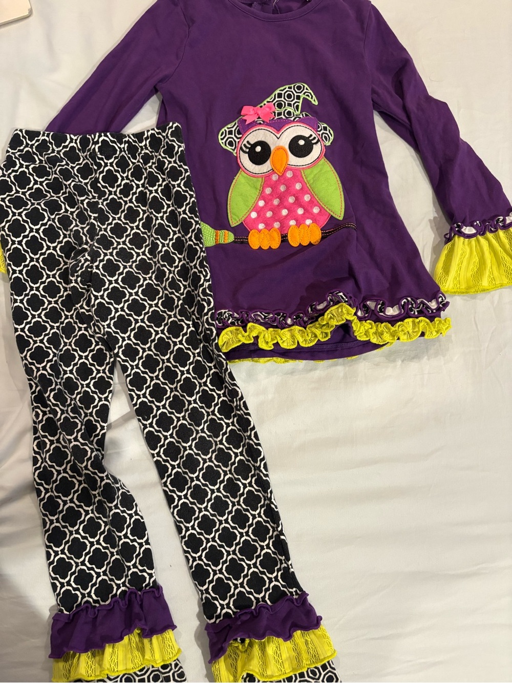 Purple Owl Ruffle Top & Patterned Leggings Set - Bright Accents